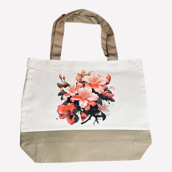 Large Canvas Tote Bag with Pink Floral Bouquet | Hand Pressed | 17”x14” | New - Picture 1 of 4